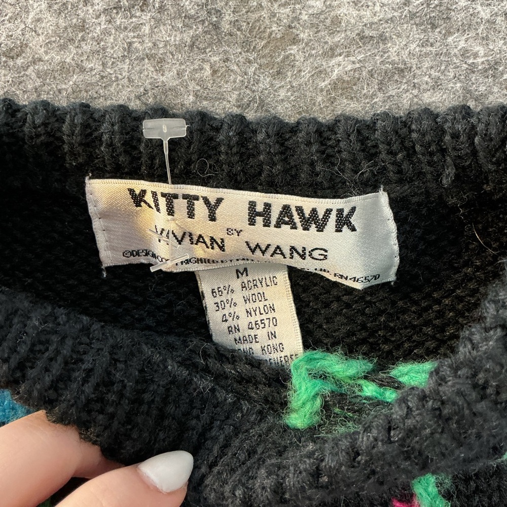 Vintage Kitty Hawk Vivian Wang Animal Sweater Black Floral Horse Wool 90s Knit - Picture 3 of 4